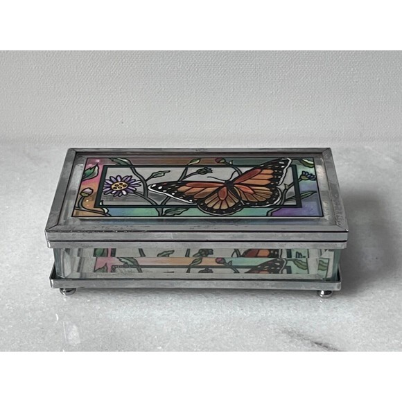 AMIA Denver Co. Stained Glass Trinket Box hand painted butterfly - Picture 1 of 14